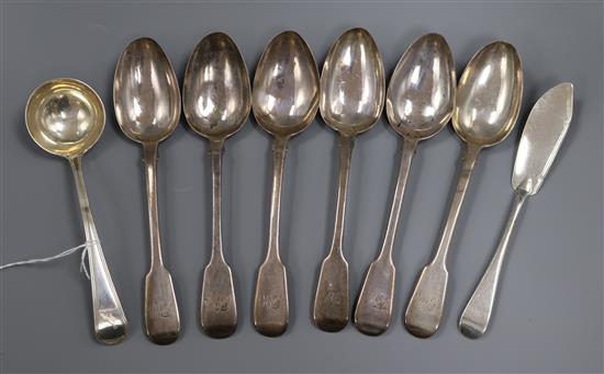 A set of six silver William IV silver fiddle pattern tablespoons, William Theobalds, London, 1831, ladle and butter knife.